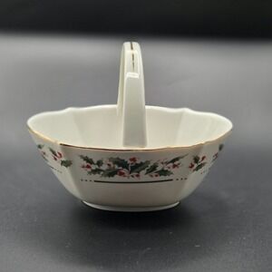 Christmas Holly Fine Porcelain Handled Holiday Basket Japan With Gold Accents